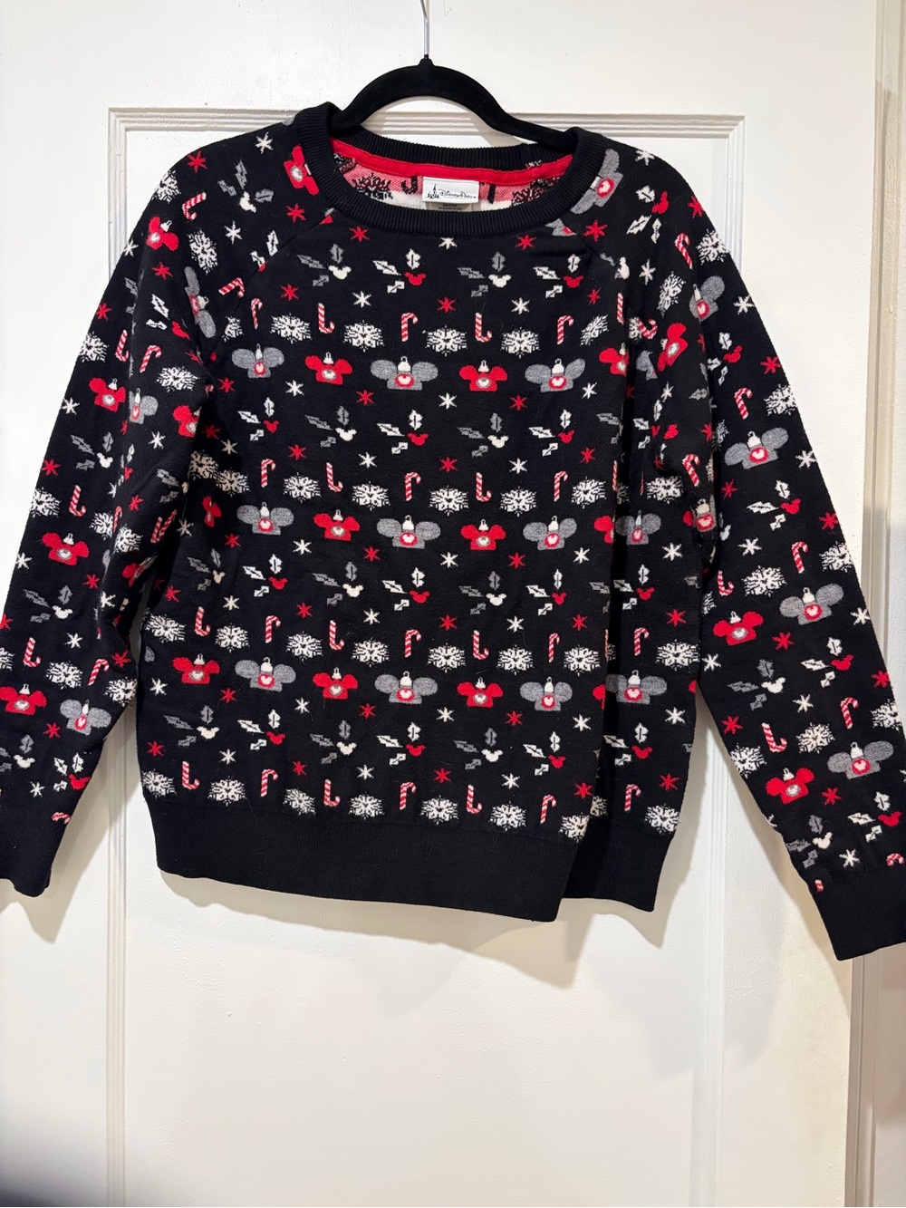 Disney Black Crewneck Sweater with Red and White Holiday Motifs